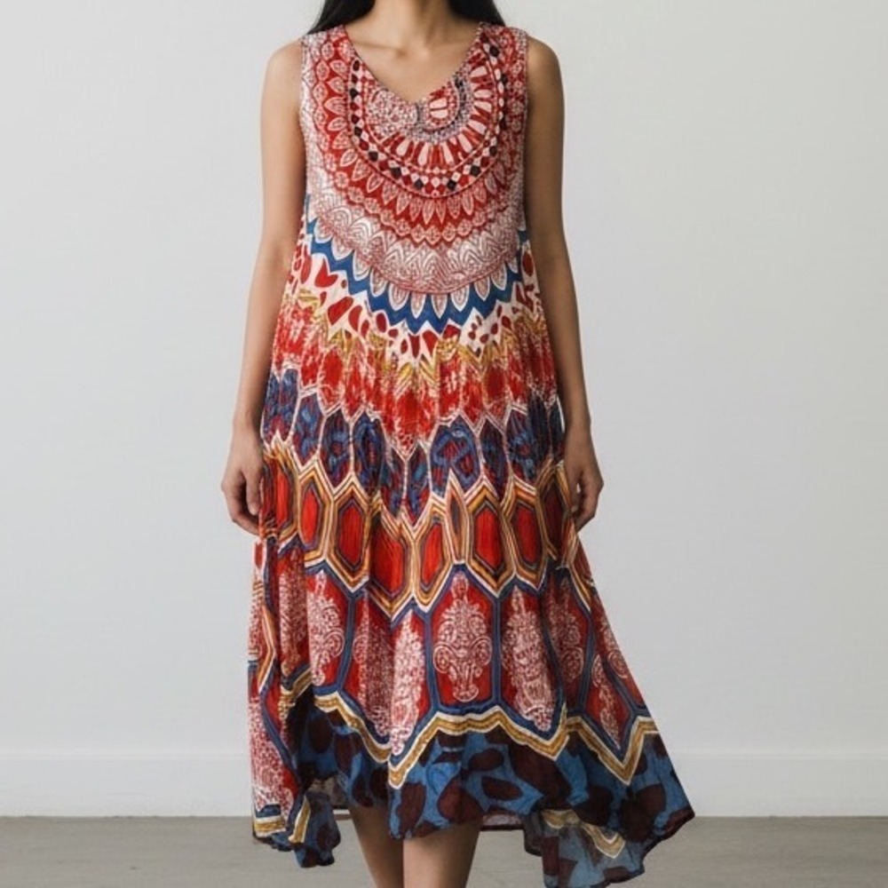 Romance Free Size Boho Mandala Geometric‎ Sharkbite Hem Rayon Tunic Top Red Blue